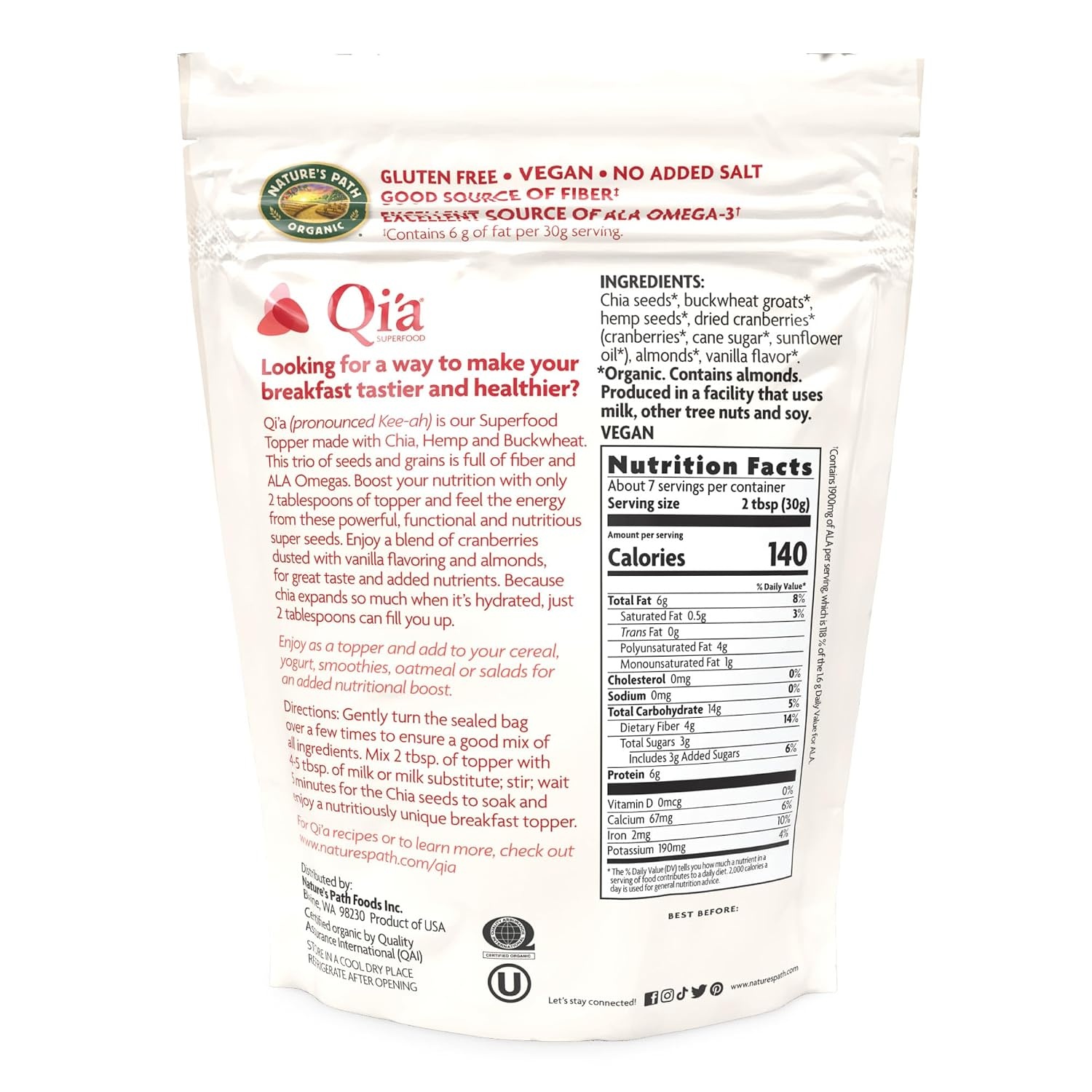 Nature’s Path Organic Qi’a Gluten Free Superfood Chia, Buckwheat & Hemp Cereal, Cranberry Vanilla, 7.9 Ounce(Cranberry Vanilla)