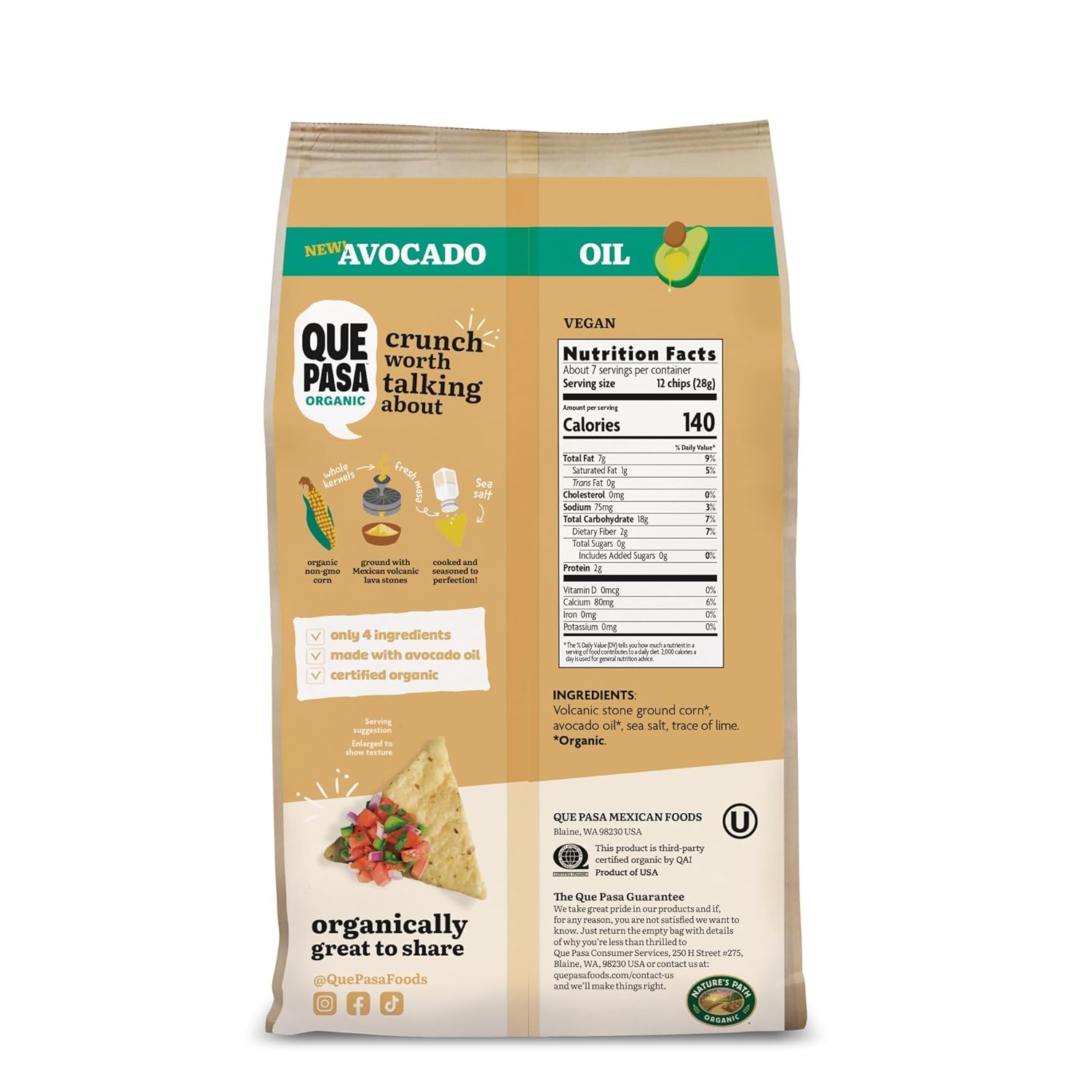 Que Pasa Organic Avocado Oil White Corn Tortilla Chips, 7.5 oz (Pack of 1), Gluten Free, Non-GMO, by Nature’s Path(White Corn)
