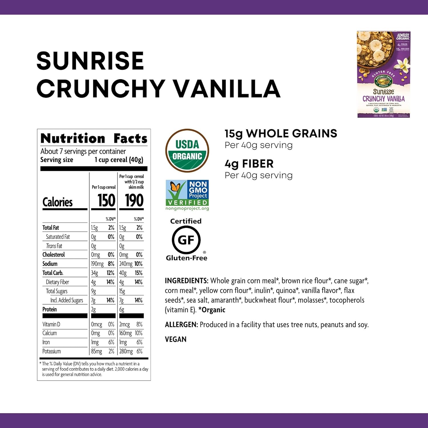 Nature’s Path Organic Gluten Free Sunrise Crunchy Vanilla Cereal, 10.6 Ounce (Pack of 4), Non-GMO, 15g Whole Grains, 4g Fiber