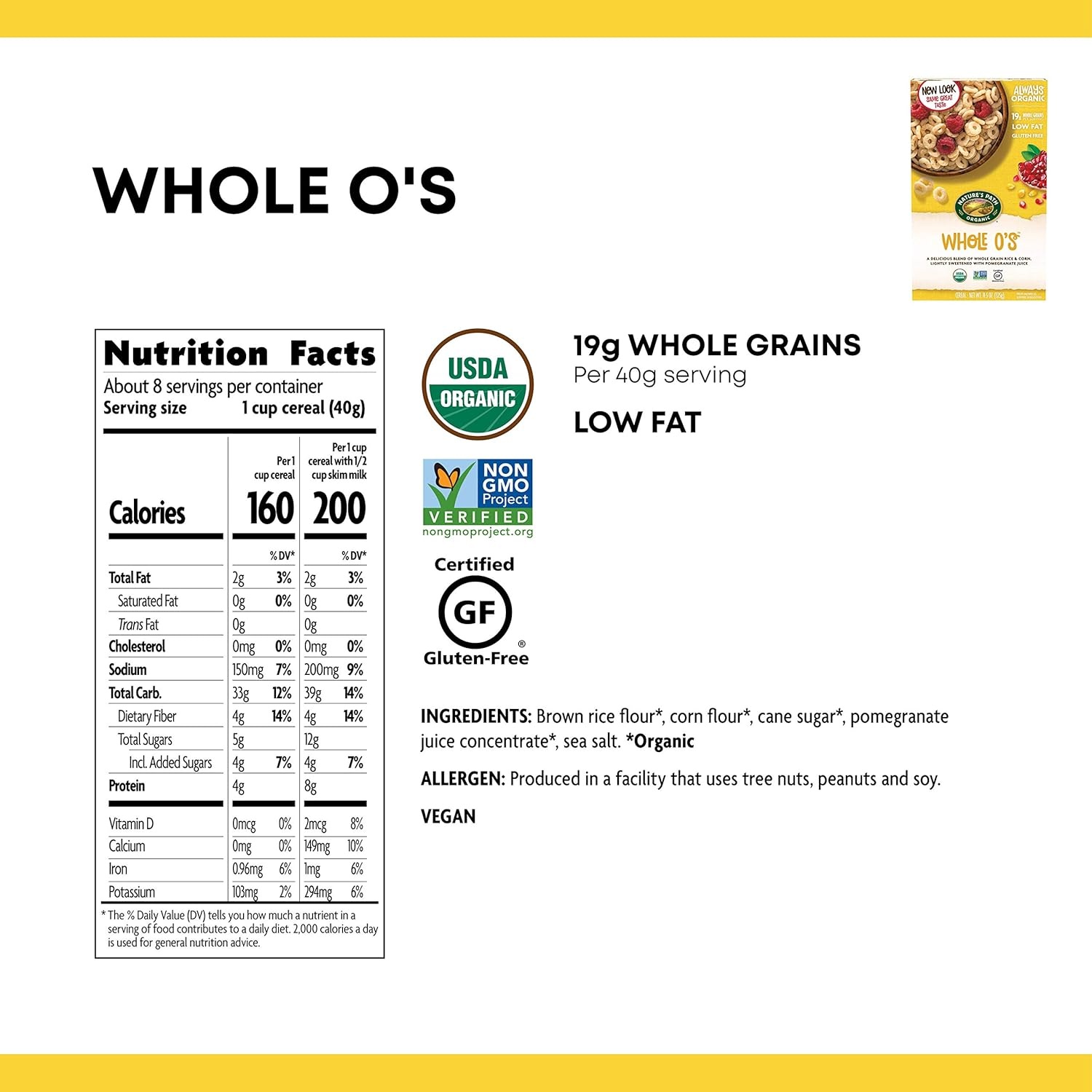 Nature’s Path Organic Gluten Free Whole O’s Cereal, 11.5 Oz. (Pack of 6), Non-GMO, 19g Whole Grains, Low Fat(Whole O’s-GF)