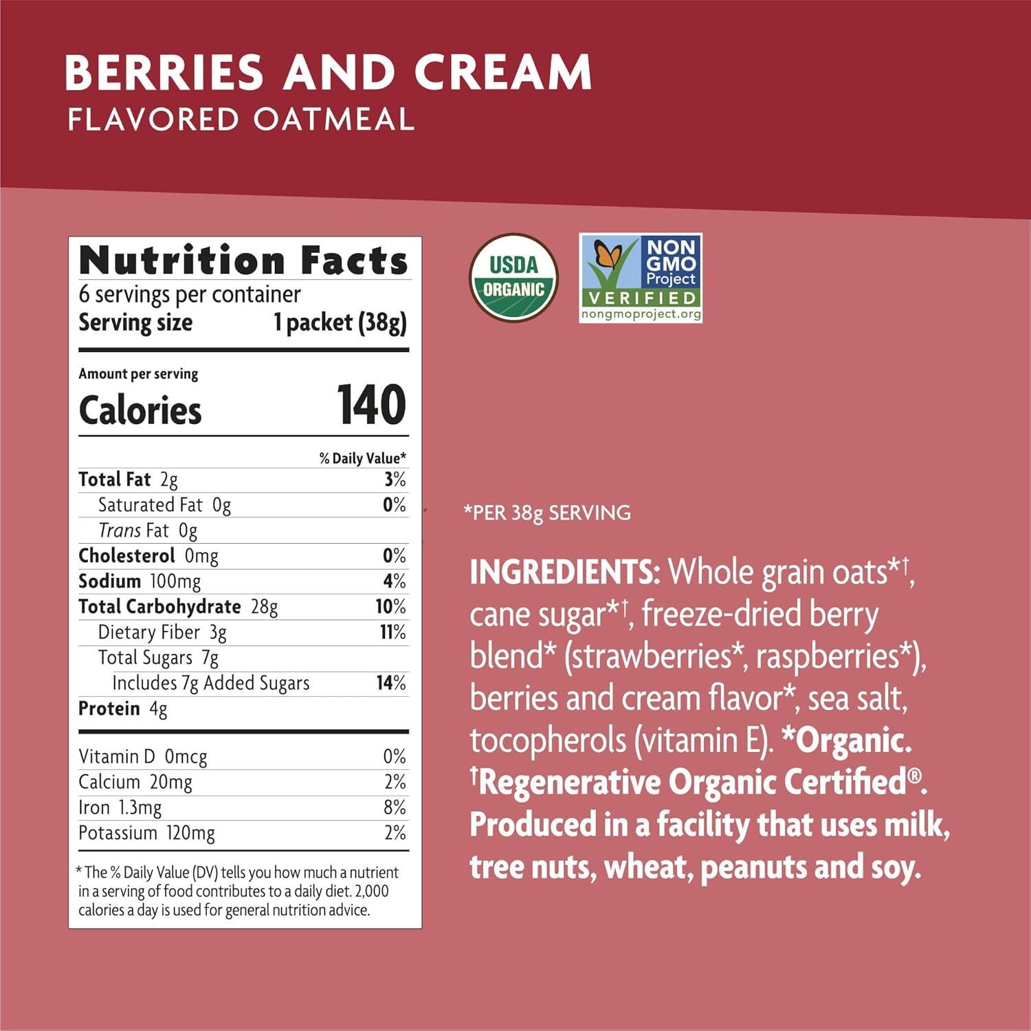 Nature’s Path Organic Regenerative Organic Certified Berries & Cream Instant Oatmeal, 8 oz (Pack of 1), Non-GMO(Berries & Cream)