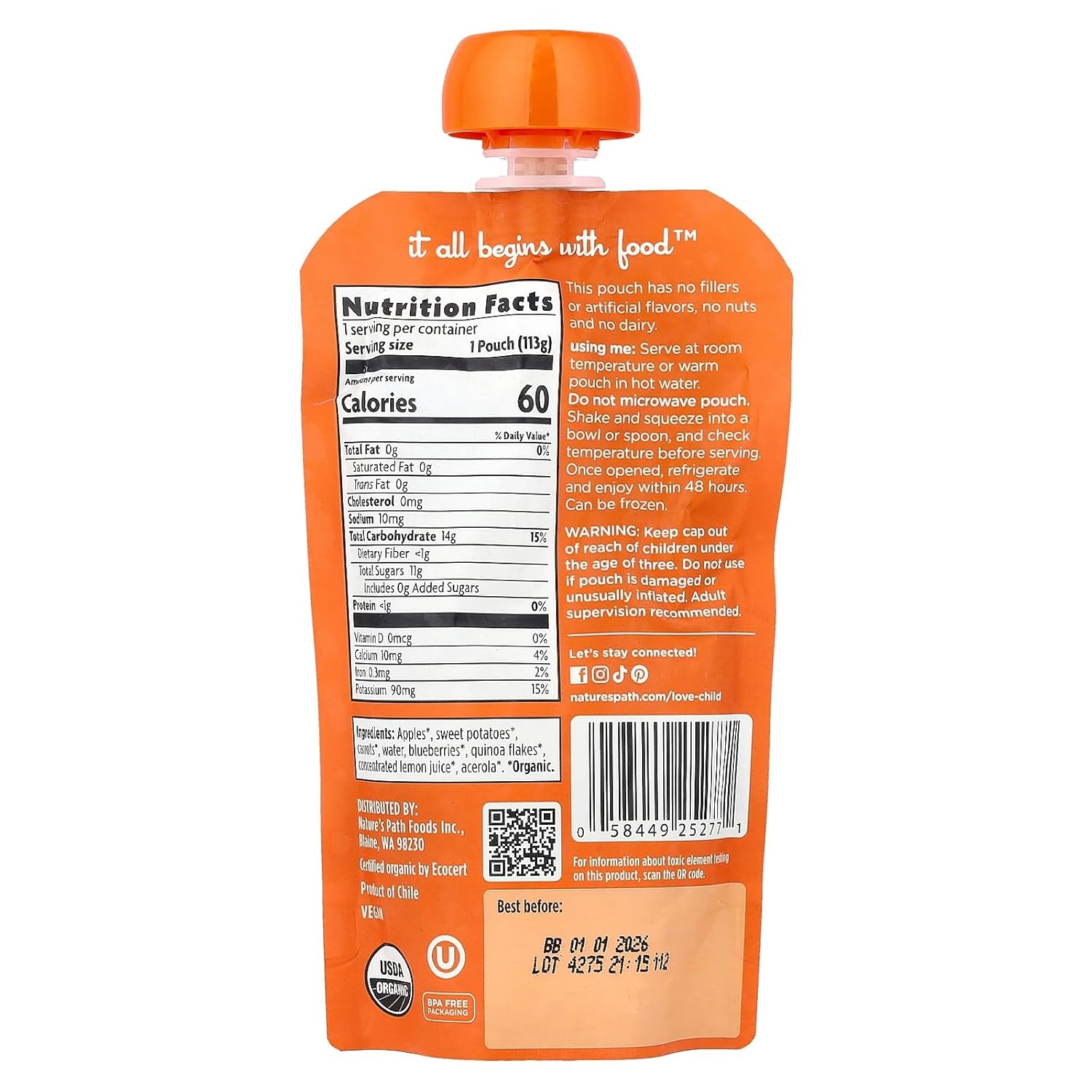 Love Child Organics Superblends Apples, Sweet Potatoes, Carrots + Blueberries Puree, 4 oz (Pack of 1), Non-GMO, by Nature’s Path(Apples  Sweet Potatoes  Carrots + Blueberries)