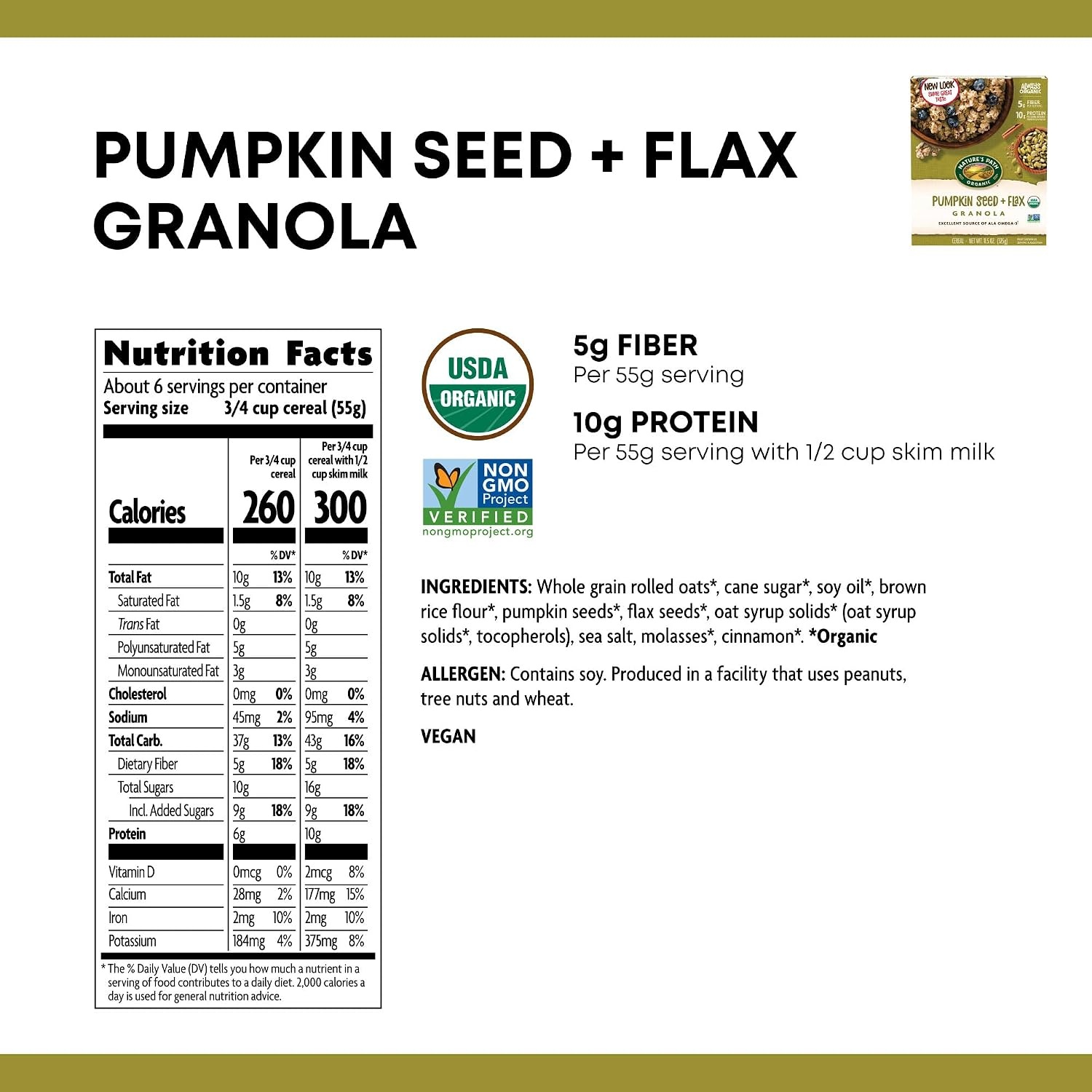 Nature’s Path Organic Pumpkin Seed and Flax Granola, 11.5 Ounce (Pack of 5), Non-GMO, Heart Healthy, High Fiber, 6g Plant Based Protein(Pumpkin Seed Plus Flax)