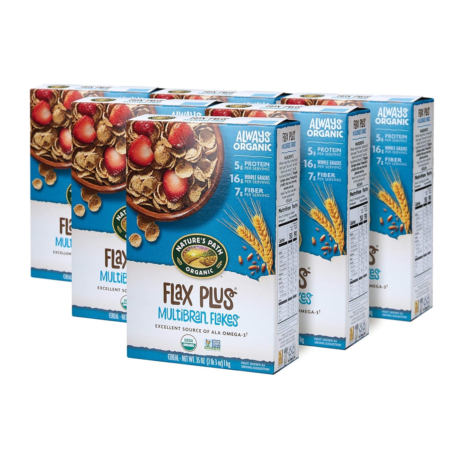 Nature’s Path Organic Flax Plus Raisin Bran Cereal, Non-GMO, 20g Whole Grains, with Omega-3 Rich Flax Seeds, 14 Ounce – Pack of 4(Multibran Flakes)
