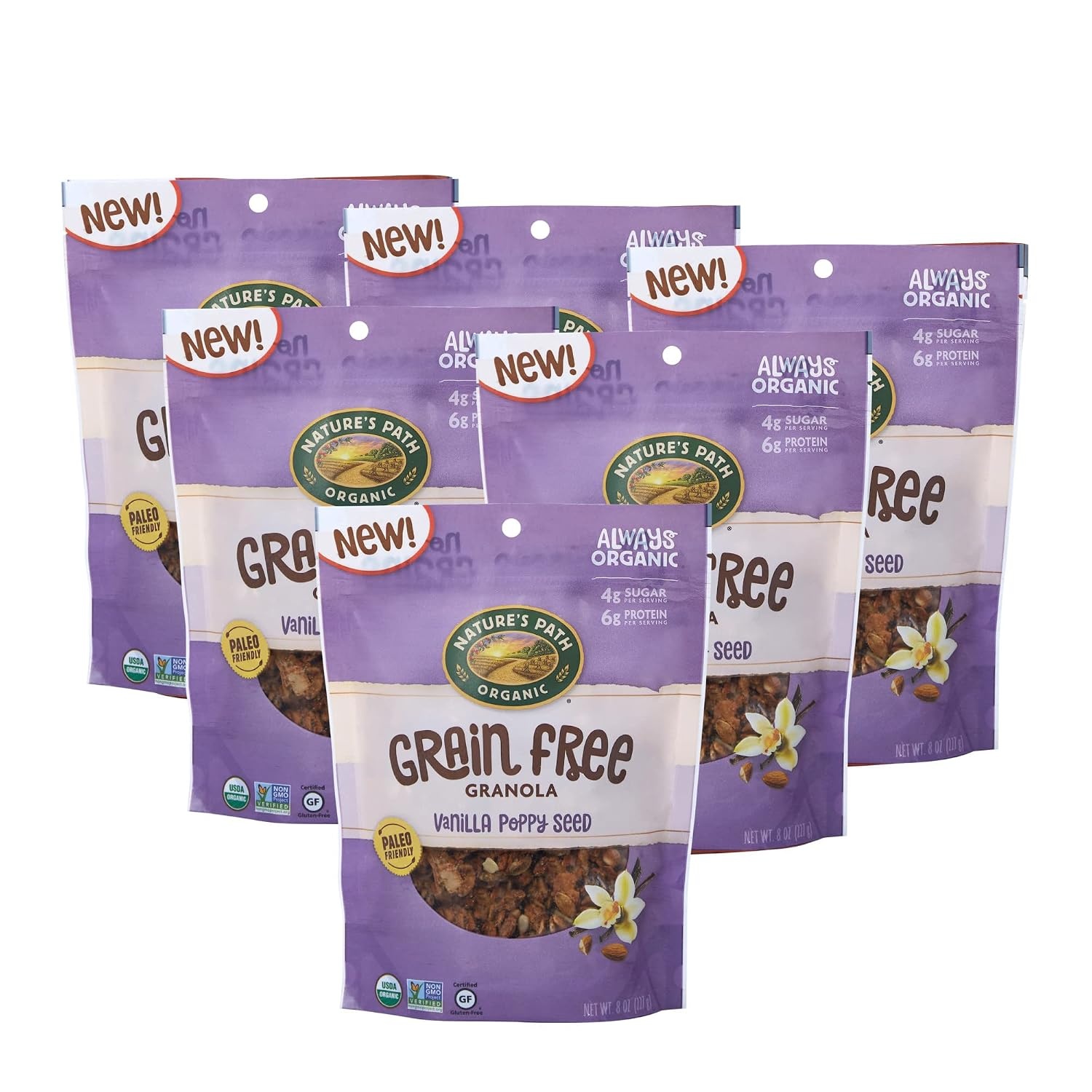 Nature’s Path Organic Grain Free Vanilla Poppy Seed Granola, 8 Ounce (Pack of 6), Non-GMO, Keto Friendly, Paleo Friendly, Gluten Free, 6g Plant Based Protein