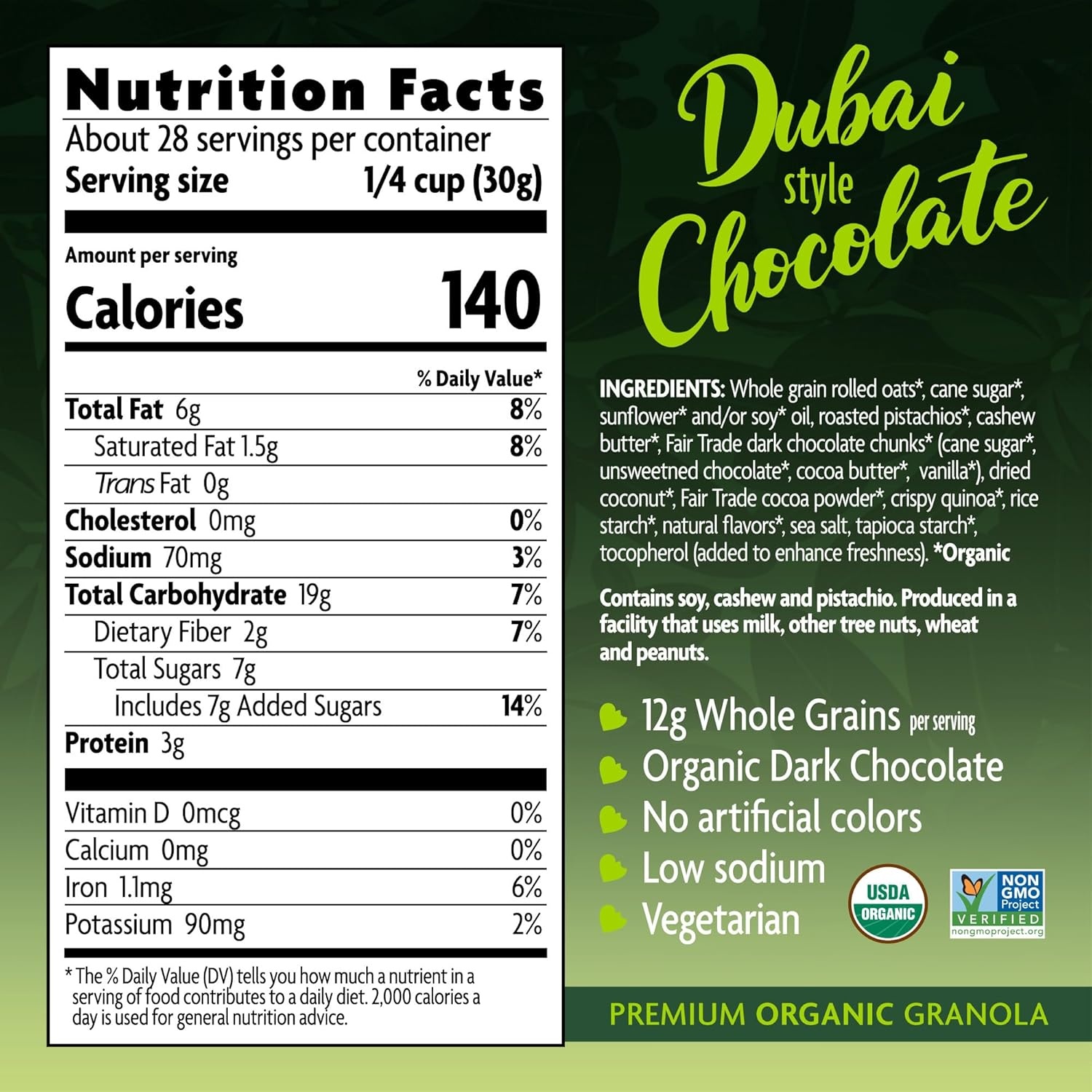 Love Crunch Organic Dubai Style Chocolate Granola, 10 oz (Pack of 1), with Roasted Pistachios, Non-GMO, Fair Trade, by Nature’s Path(10 Ounce (Pack of 3))