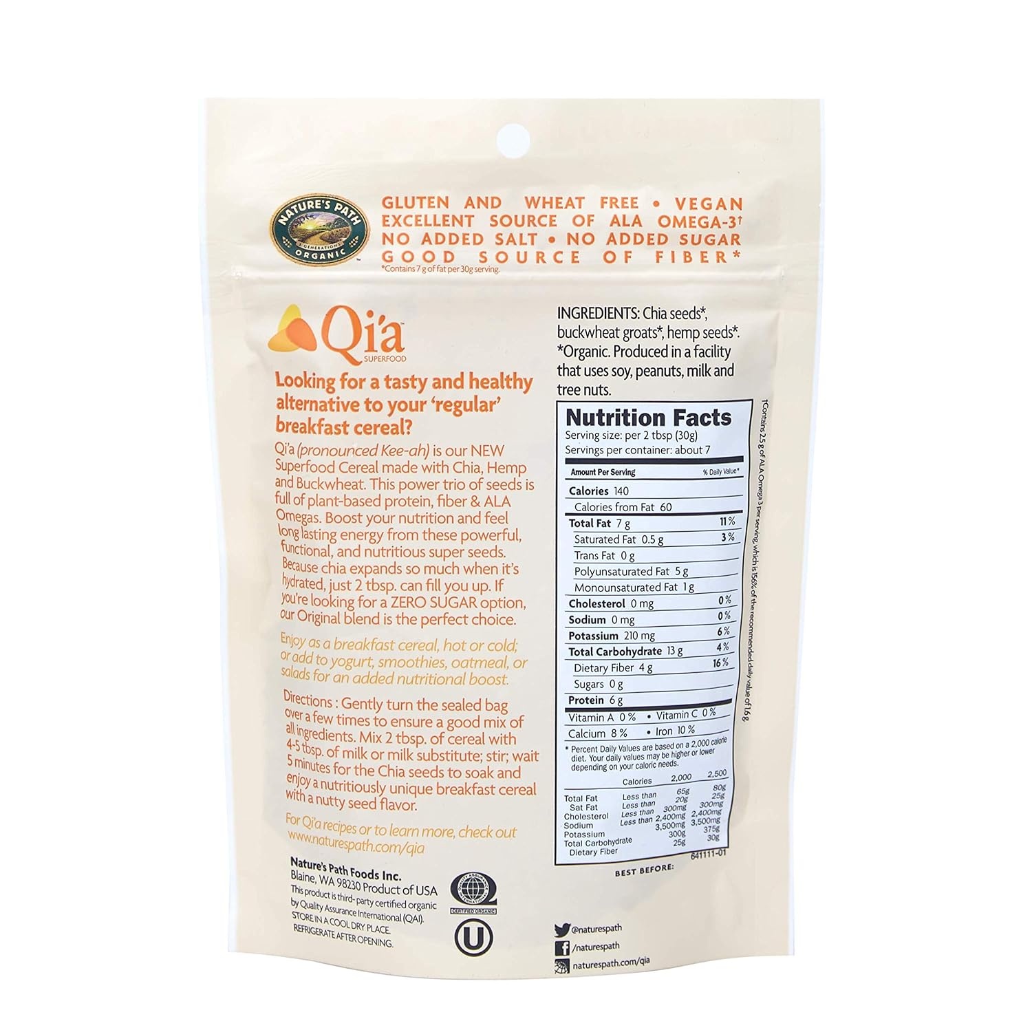 Nature’s Path Organic Qi’a Gluten Free Superfood Chia, Buckwheat & Hemp Cereal, Cranberry Vanilla, 7.9 Ounce(Original)