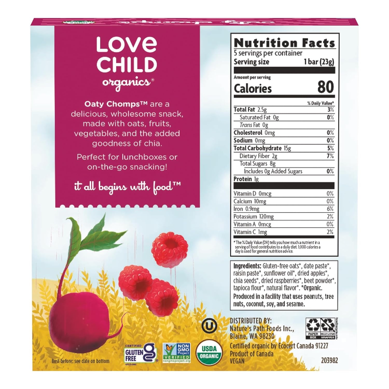 Love Child Organics Oaty Chomps Raspberry + Beet Snack Bars, 4 oz (Pack of 1), Gluten Free, Non-GMO, by Nature’s Path(Raspberry + Beet)