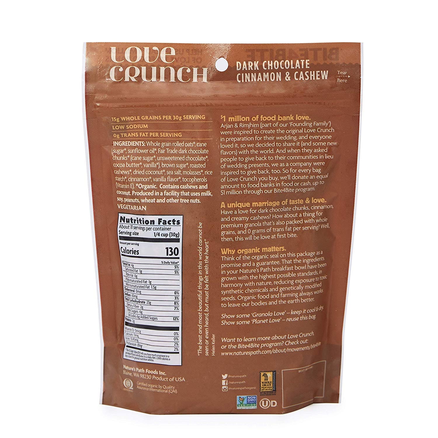 Love Crunch Organic Dark Chocolate Cinnamon and Cashew Granola, 11.5 Ounce (Pack of 6), Non-GMO, Fair Trade, by Nature’s Path