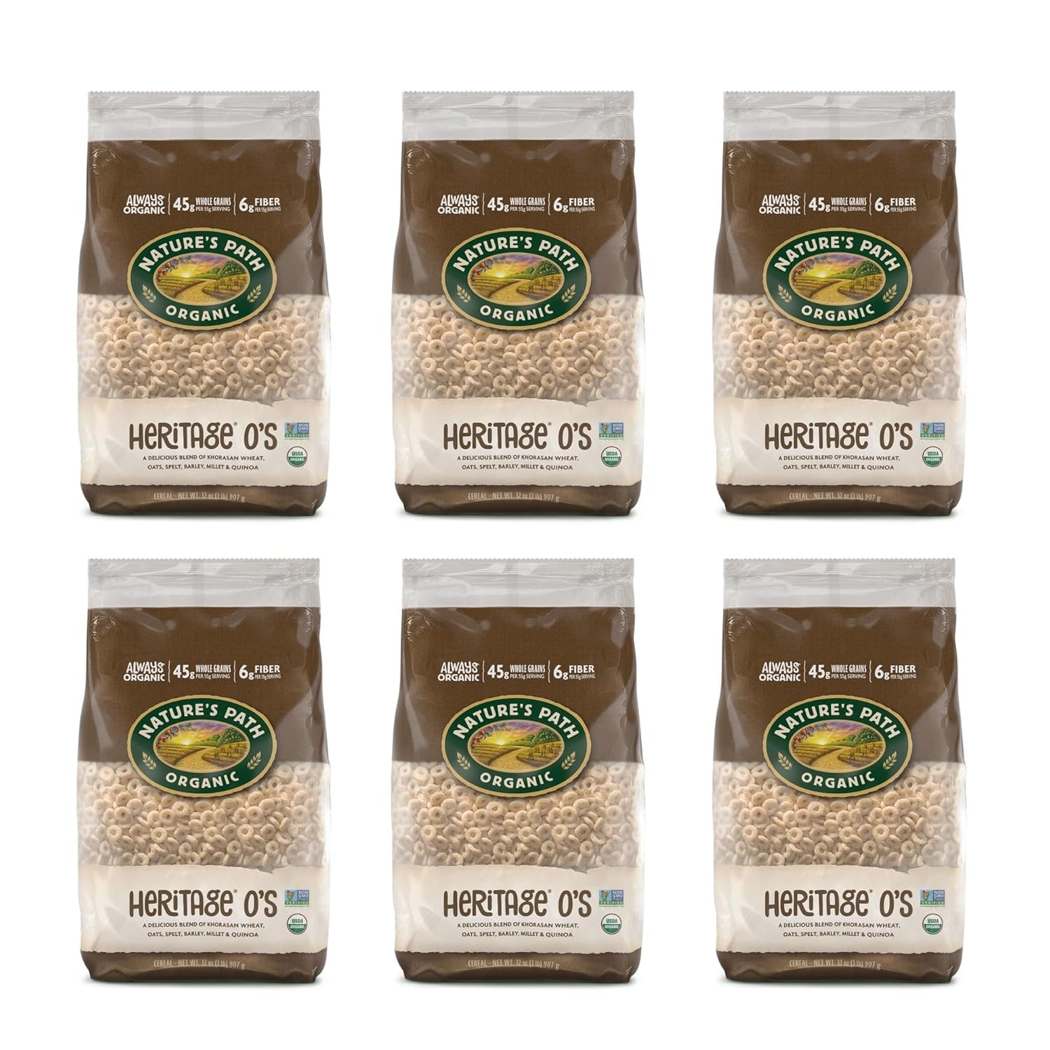 Nature’s Path Organic Heritage Flakes® Cereal, 32 oz (Pack of 6), Ancient Grains, 23g Whole Grains, Non-GMO, Earth Friendly Packaging(Heritage O’s)