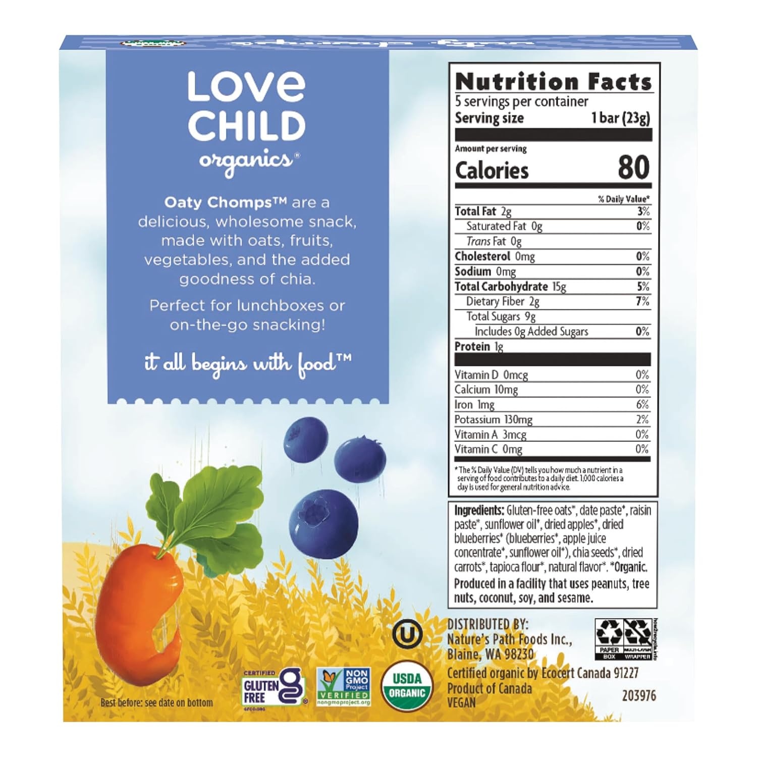 Love Child Organics Oaty Chomps Raspberry + Beet Snack Bars, 4 oz (Pack of 1), Gluten Free, Non-GMO, by Nature’s Path(Blueberry + Carrot)