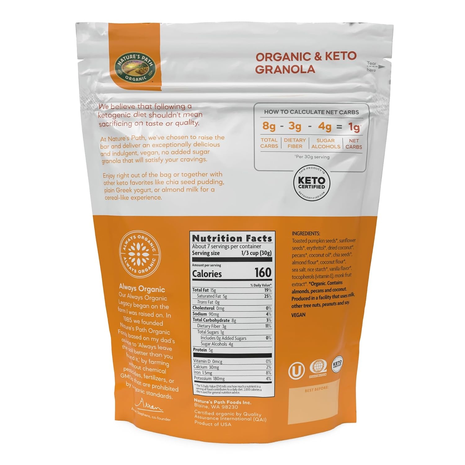 Nature’s Path Organic Dark Chocolate Keto Cereal, Keto Certified, Non-GMO, Gluten Free, 3g Net Carbs, 7g Plant Based Protein, 9 Ounce (Pack of 12)(Toasted Pumpkin Seed & Vanilla Nut)