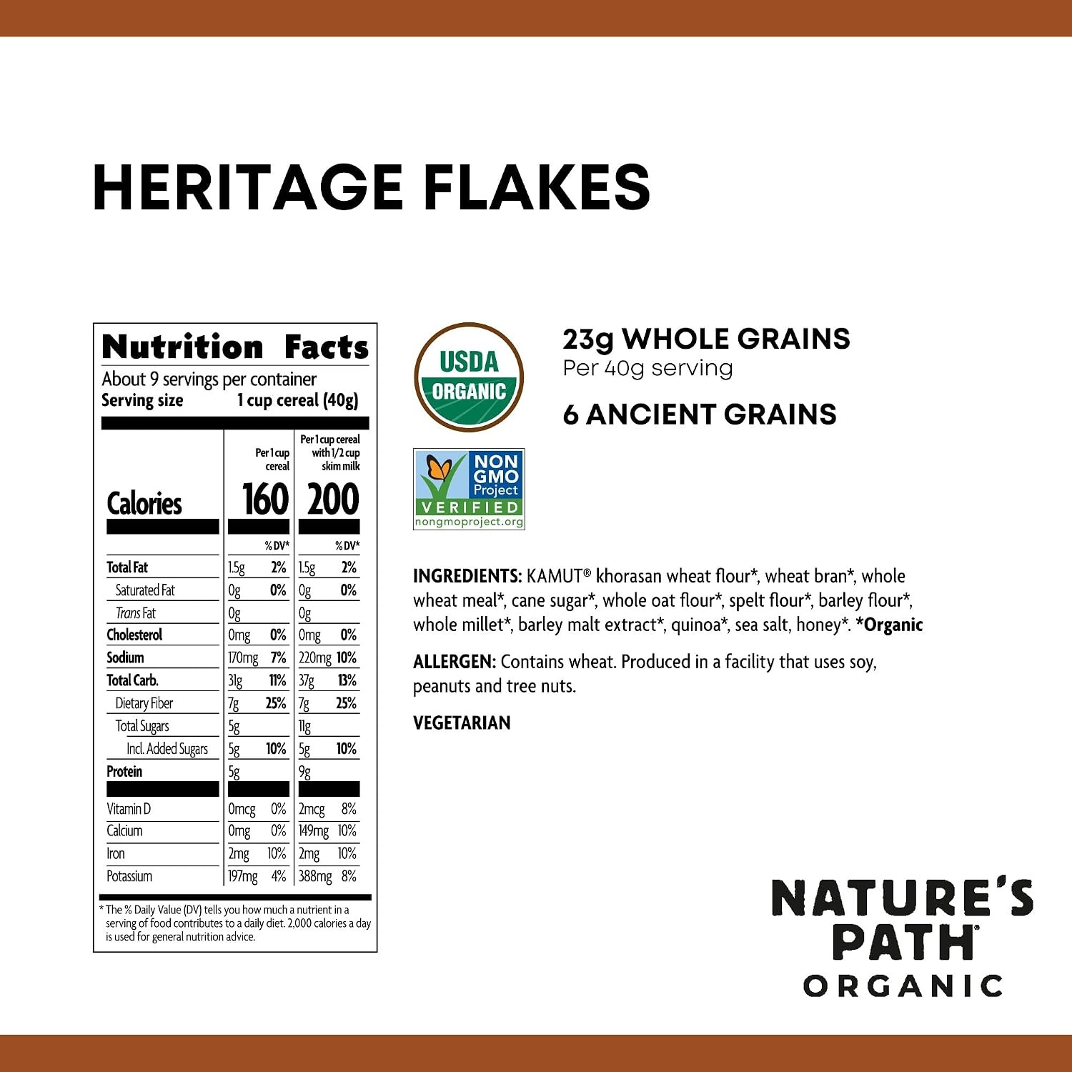 Nature’s Path Organic Heritage Flakes Cereal, 13.25 Ounce (Pack of 4), Non-GMO, 6 Ancient Grains, Low Sugar, High Fiber, 5g Plant Based Protein
