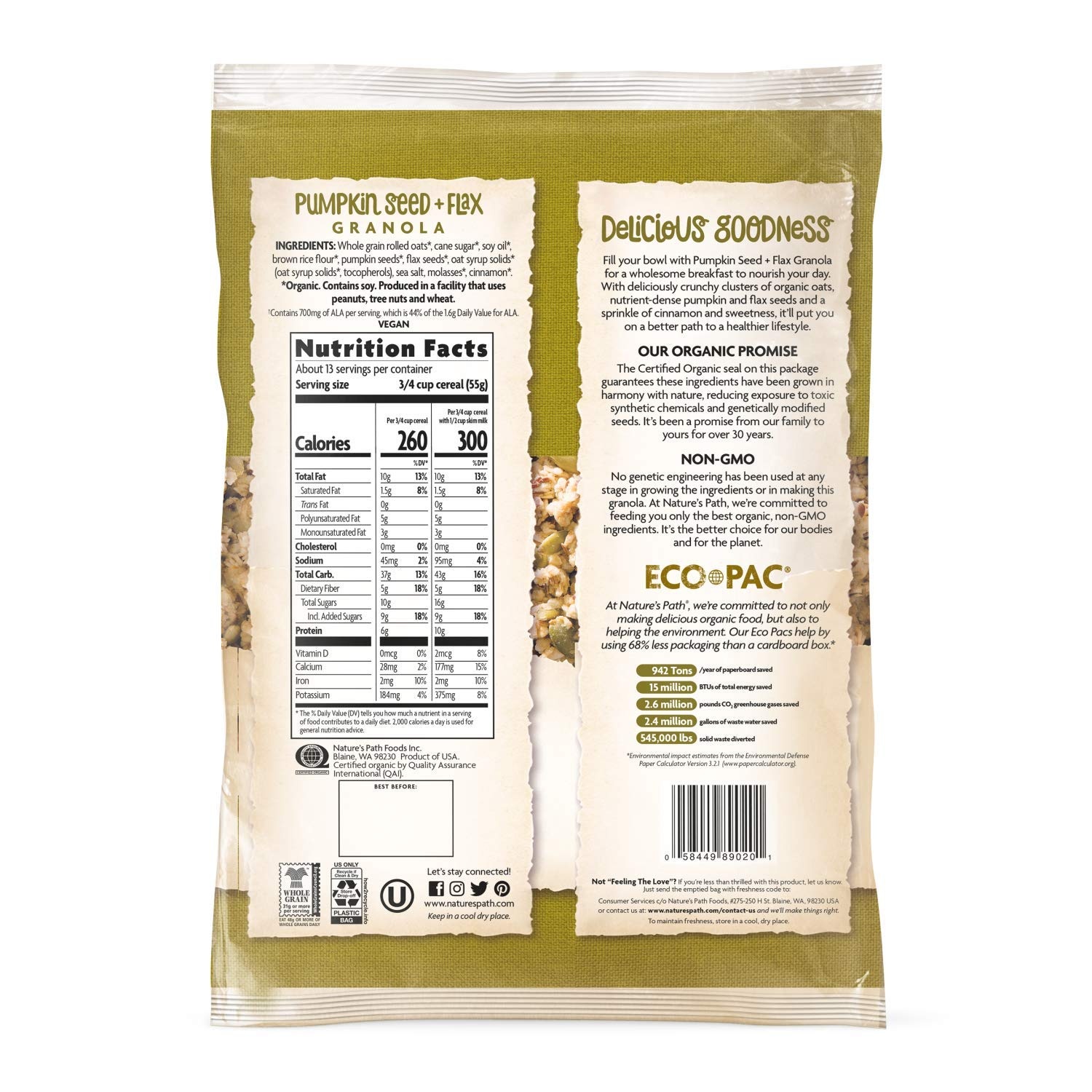 Nature’s Path Organic Pumpkin Seed and Flax Granola, 1.65 Lbs. Earth Friendly Package (Pack of 6), Non-GMO, Heart Healthy, High Fiber, 6g Plant Based Protein(Pumpkin Seed Plus Flax – 1.65 Pound)