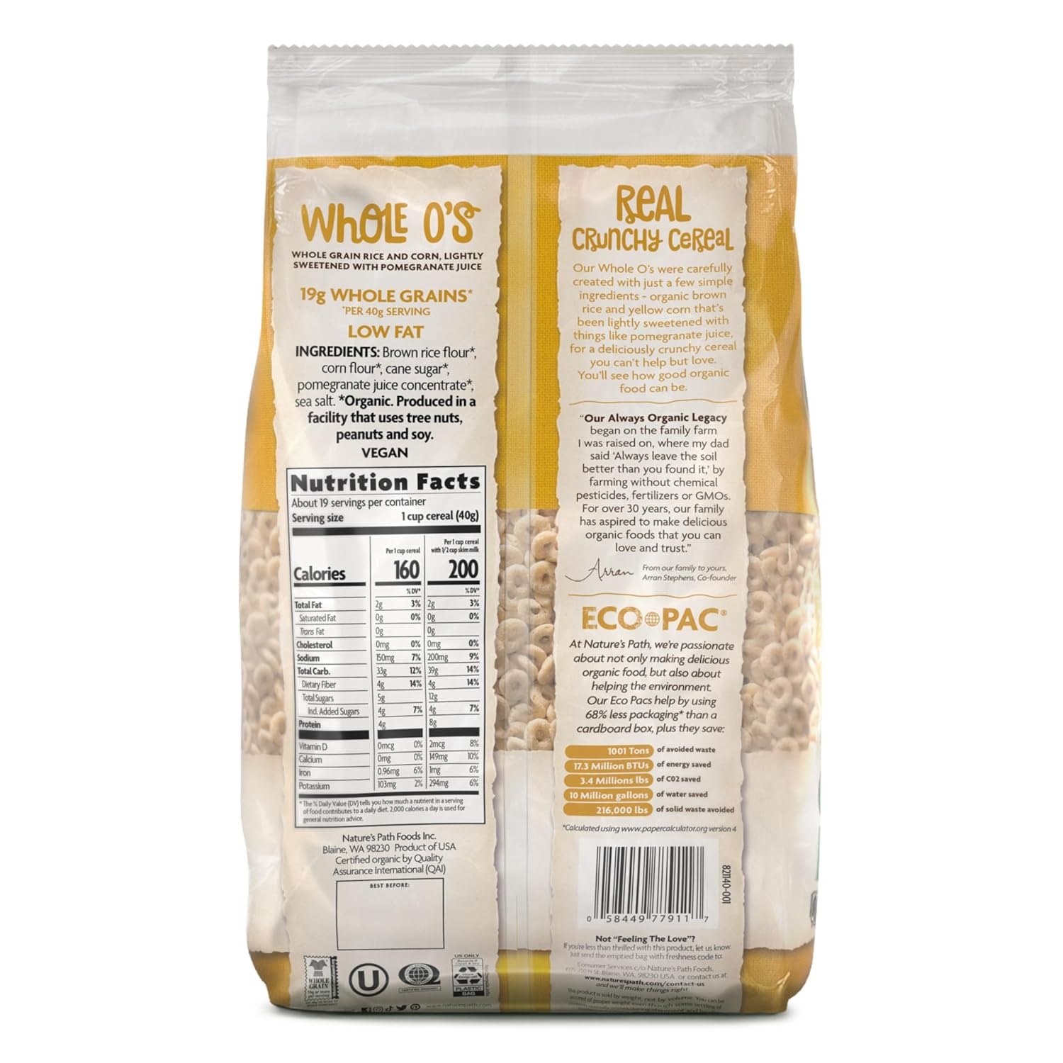 Nature’s Path Organic Honey’D Corn Flakes Cereal, 26.4 oz (Pack of 6), Gluten Free, Non-GMO, Earth Friendly Packaging(Whole O’s)