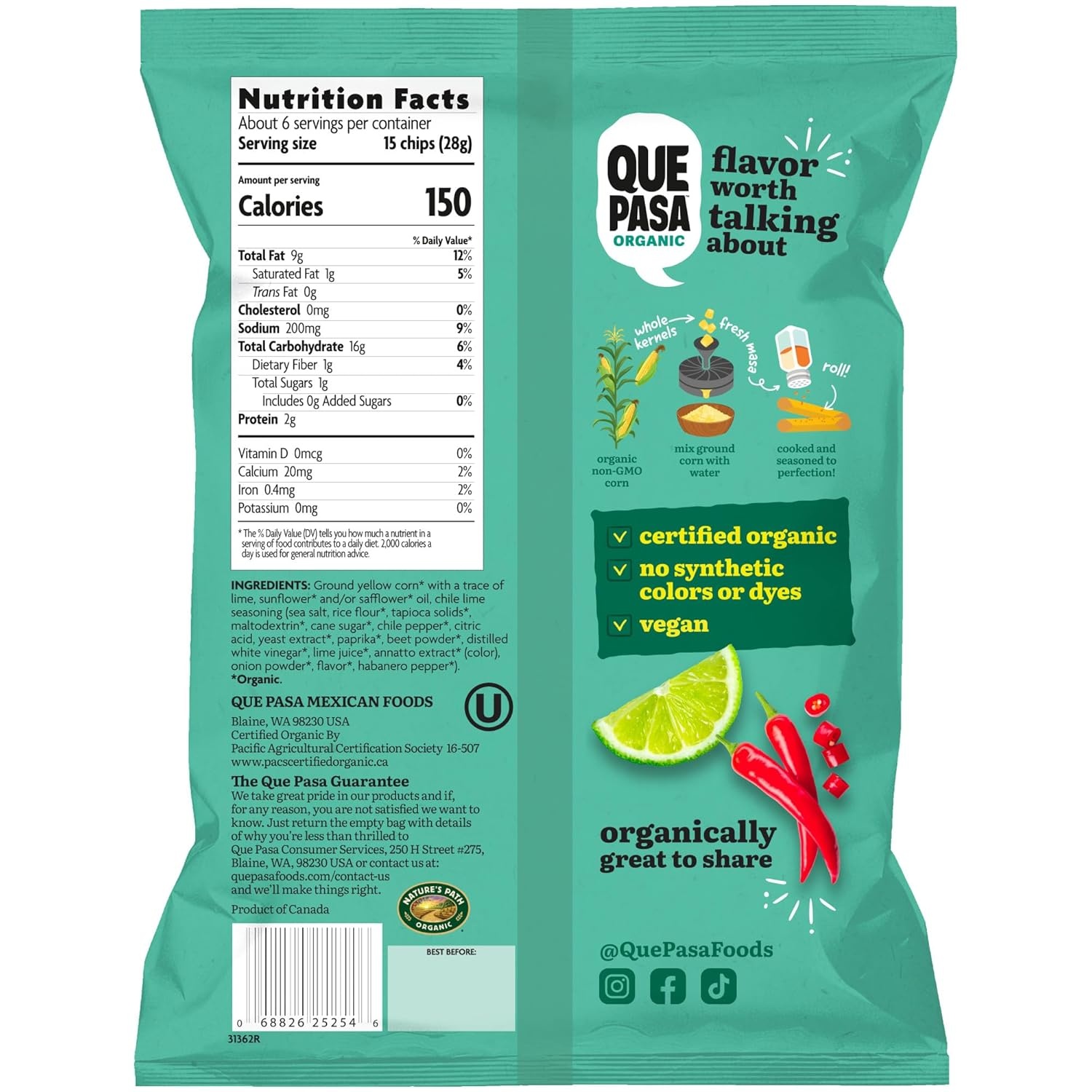 Que Pasa Organic Chile Lime Tortilla Chips, 6.5 Ounce (Pack of 1)(Chile Lime)
