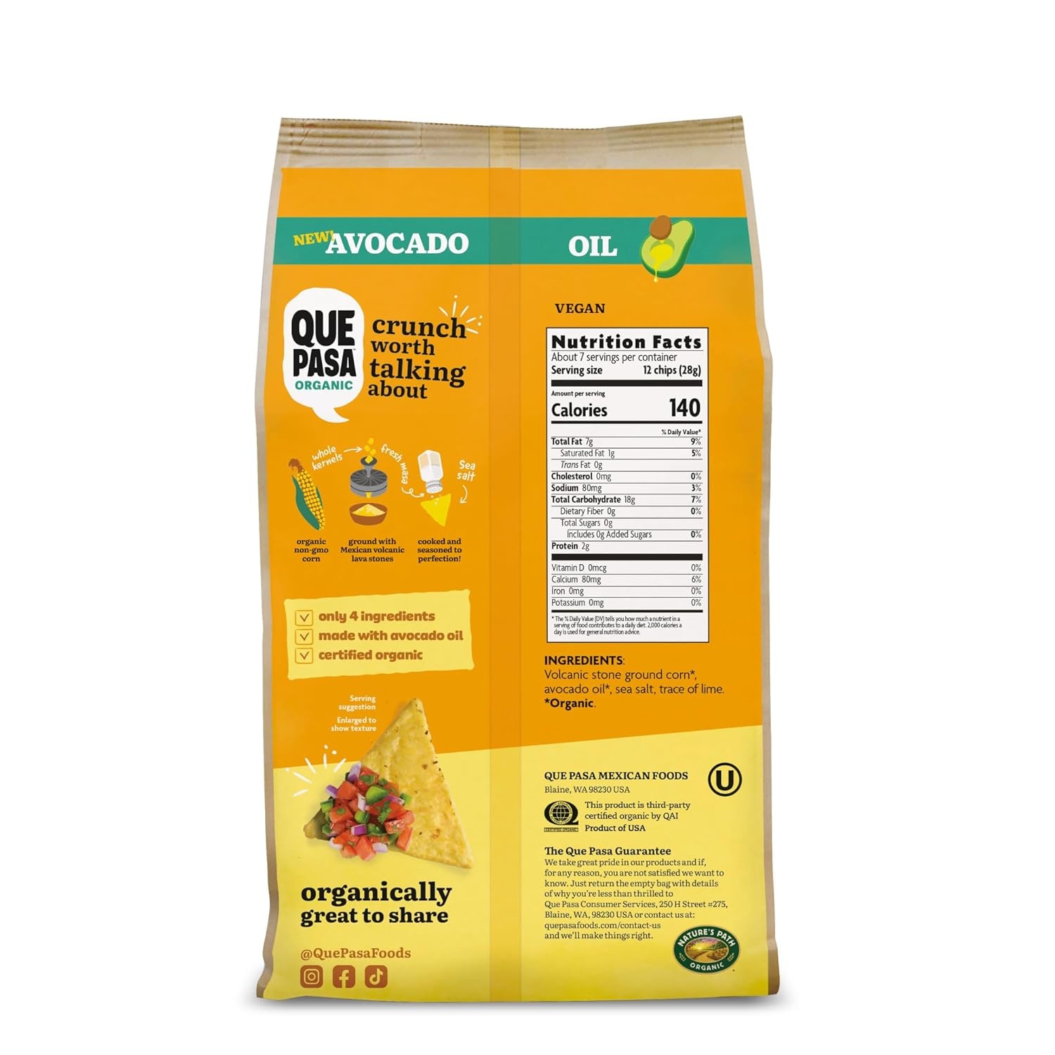 Que Pasa Organic Avocado Oil Yellow Corn Tortilla Chips, 7.5 oz (Pack of 1), Gluten Free, Non-GMO, by Nature’s Path(Yellow Corn)