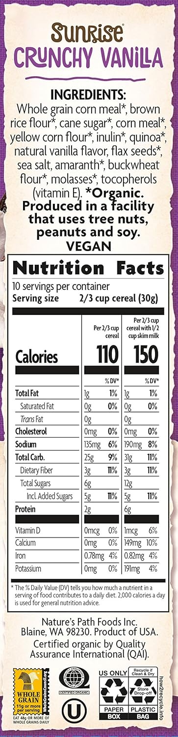 Nature’s Path Organic Sunrise Crunchy Vanilla Cereal, 10.6 oz (Pack of 12), Gluten Free, Non-GMO(Vanilla)