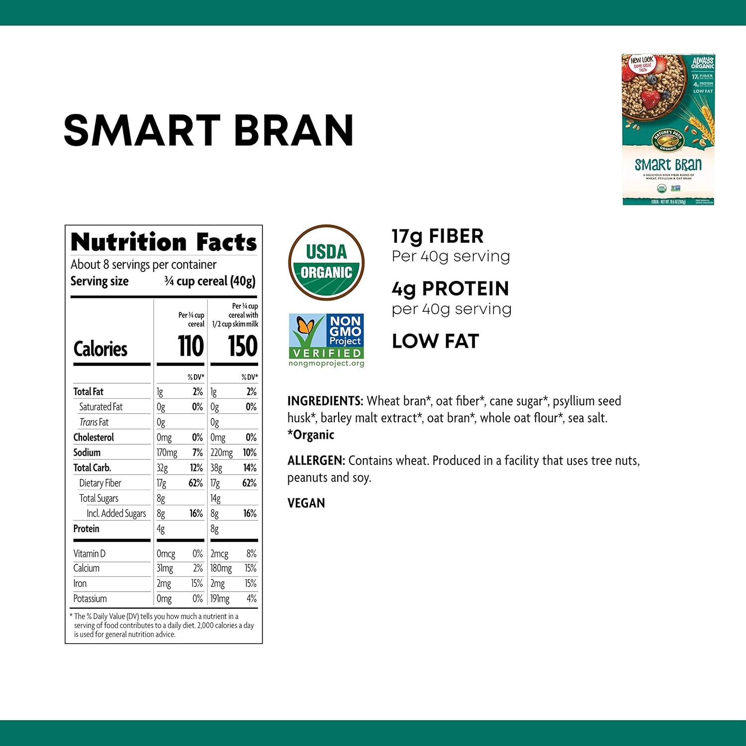 Nature’s Path Organic Smart Bran Cereal, 10.6 Ounce (Pack of 6), Non-GMO, 17g Fiber, 4g Protein(Smart Bran)