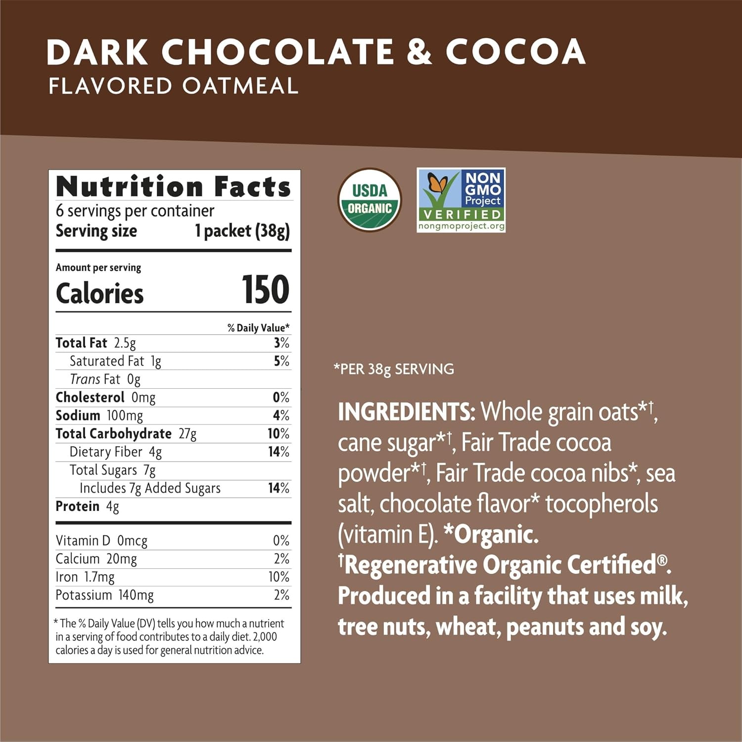 Nature’s Path Organic Regenerative Organic Certified Berries & Cream Instant Oatmeal, 8 oz (Pack of 1), Non-GMO(Dark Chocolate and Cacao)