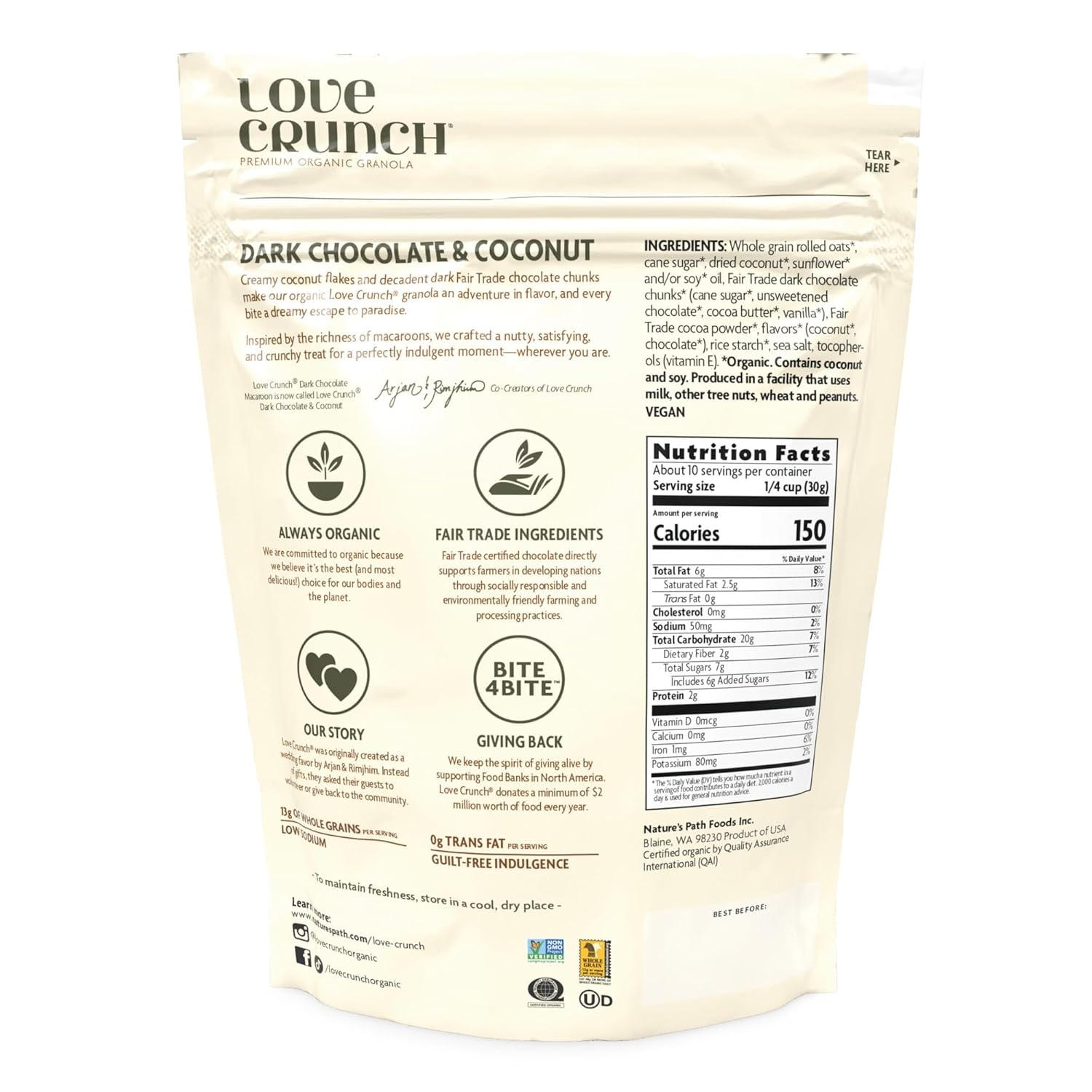 Love Crunch Organic Dark Chocolate & Coconut Granola, 11.5 oz (Pack of 6), Non-GMO, Fair Trade, by Nature’s Path
