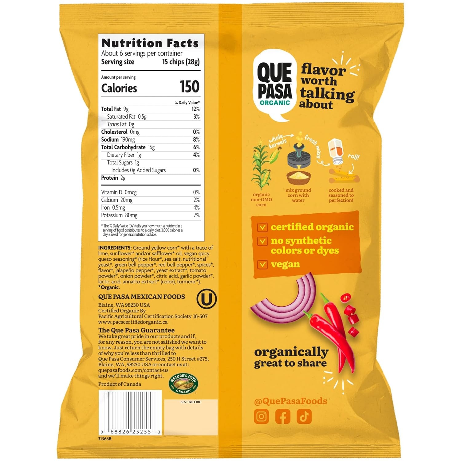 Que Pasa Organic Spicy Queso Tortilla Chips, 6.5 Ounce (Pack of 1)(Spicy Queso)