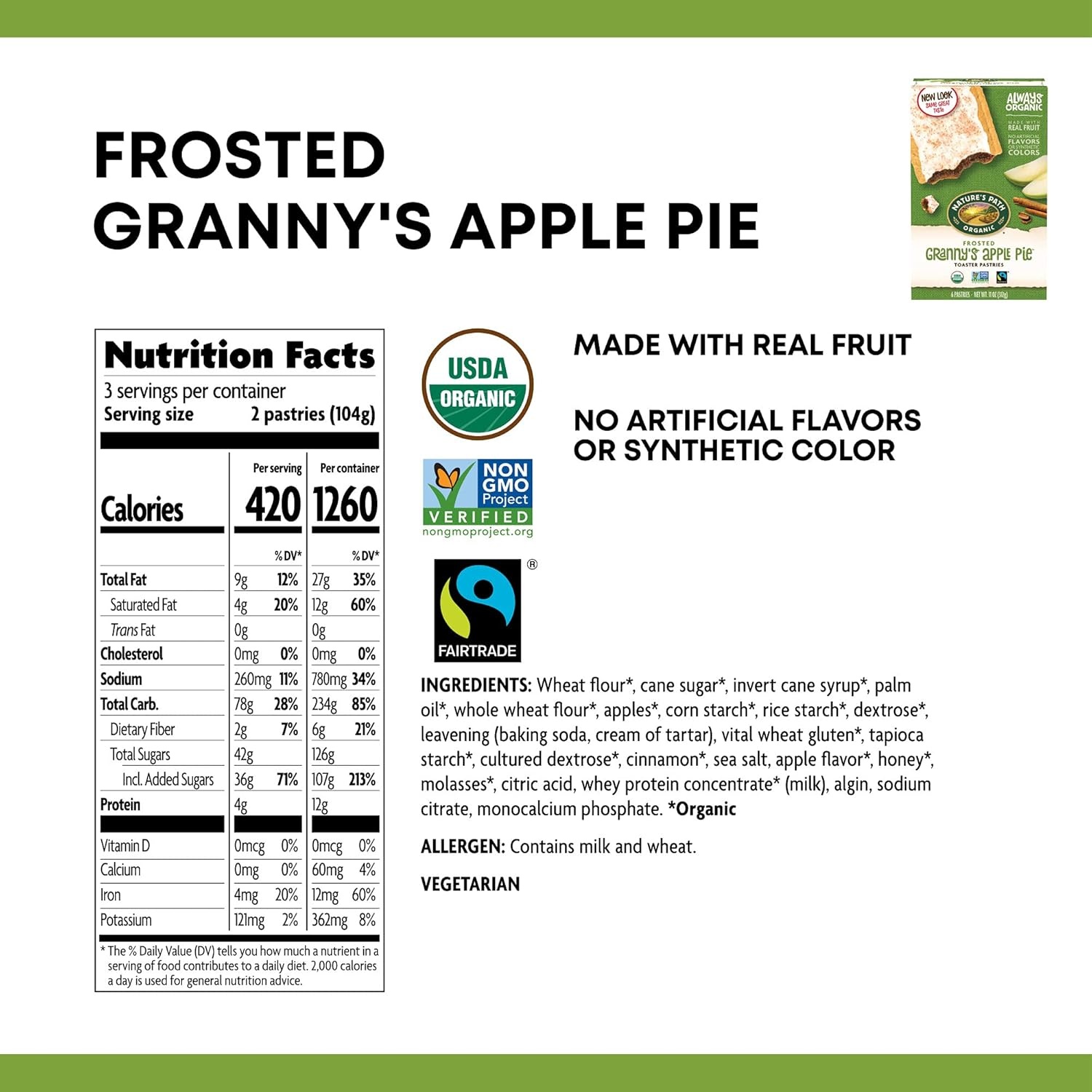 Nature’s Path Organic Frosted Cherry Pomegranate Toaster Pastries, 11 oz (Pack of 1), Non-GMO(Frosted Granny’s Apple Pie)