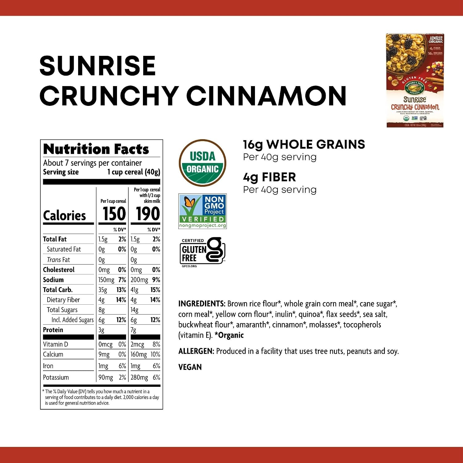 Nature’s Path Organic Sunrise Crunchy Honey Cereal, 10.6 oz (Pack of 6), Gluten Free, Non-GMO(Crunchy Cinnamon Sunrise – GF)
